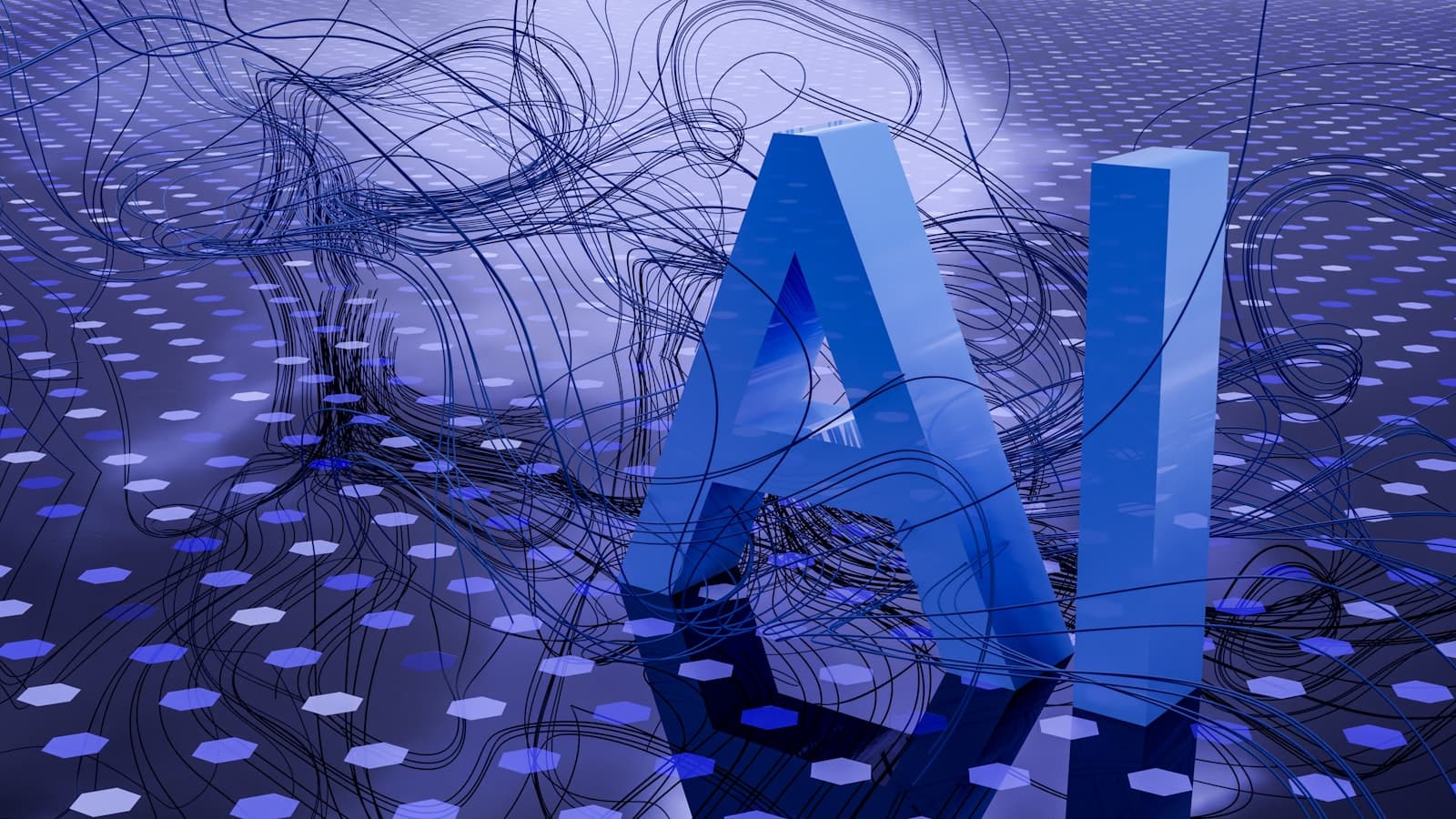 Abstract 3D letters spelling AI on a digital network floor